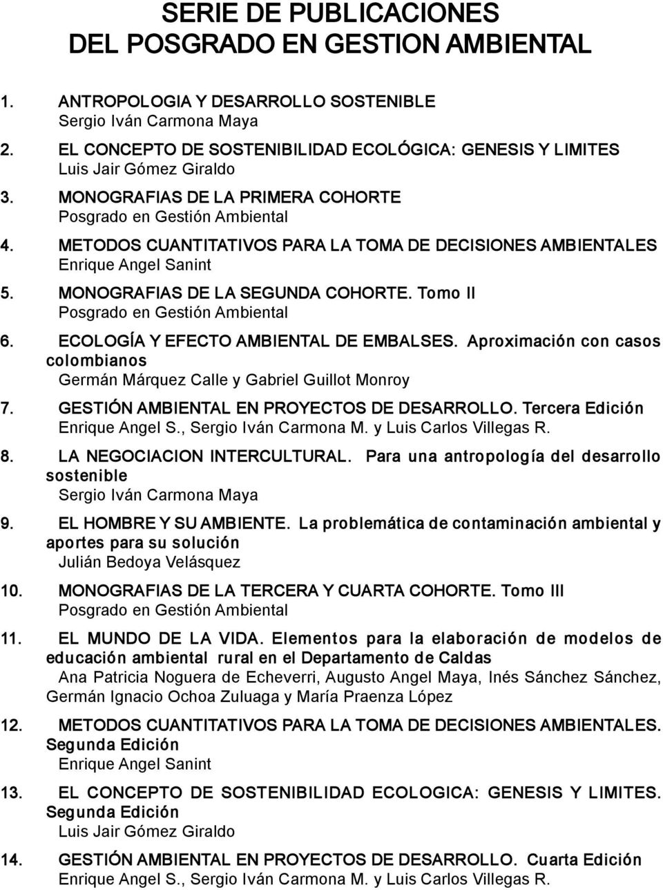 METODOS CUANTITATIVOS PARA LA TOMA DE DECISIONES AMBIENTALES Enrique Angel Sanint 5. MONOGRAFIAS DE LA SEGUNDA COHORTE. Tomo II Posgrado en Gestión Ambiental 6.