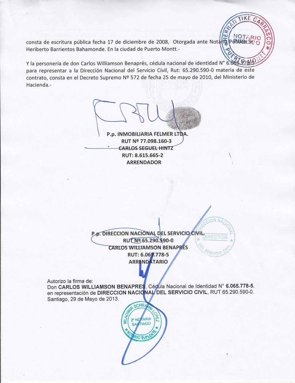 - Carlos Williamson Benaprés, cédula nacional de identidad N" Dirección Nacional del Servicio Civil, Rut: 65.290.
