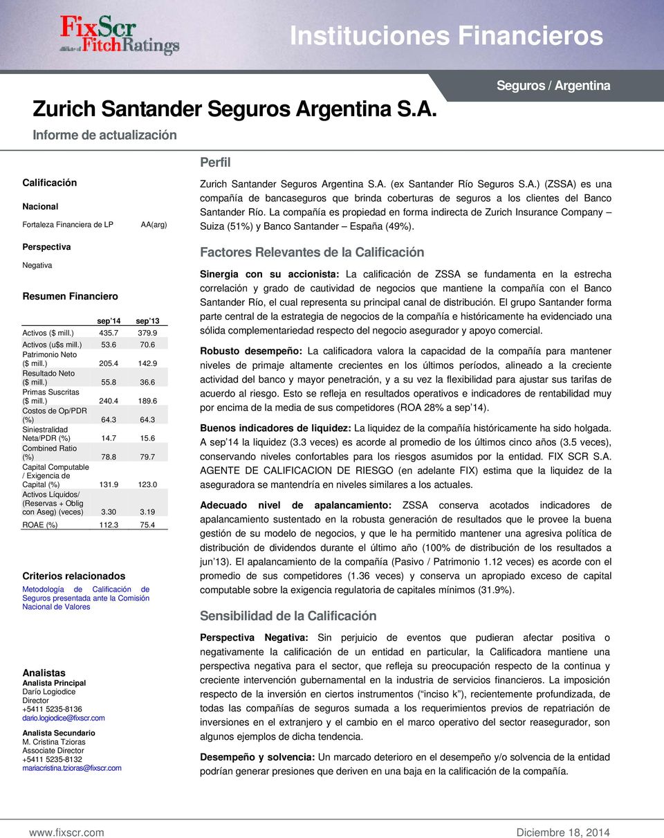 La compañía es propiedad en forma indirecta de Zurich Insurance Company Suiza (51%) y Banco Santander España (49%). Perspectiva Negativa Resumen Financiero sep 14 sep 13 Activos ($ mill.) 435.7 379.