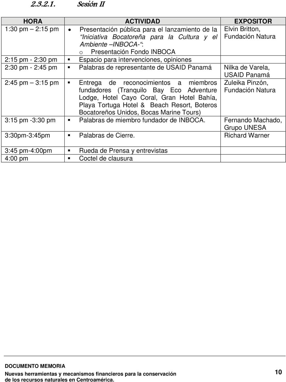 Presentación Fondo INBOCA 2:15 pm - 2:30 pm Espacio para intervenciones, opiniones 2:30 pm - 2:45 pm Palabras de representante de USAID Panamá Nilka de Varela, USAID Panamá 2:45 pm 3:15 pm Entrega de