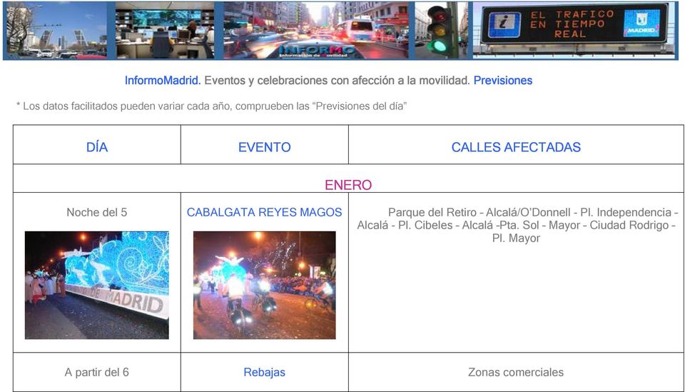 EVENTO CALLES AFECTADAS ENERO Noche del 5 CABALGATA REYES MAGOS Parque del Retiro Alcalá/O Donnell