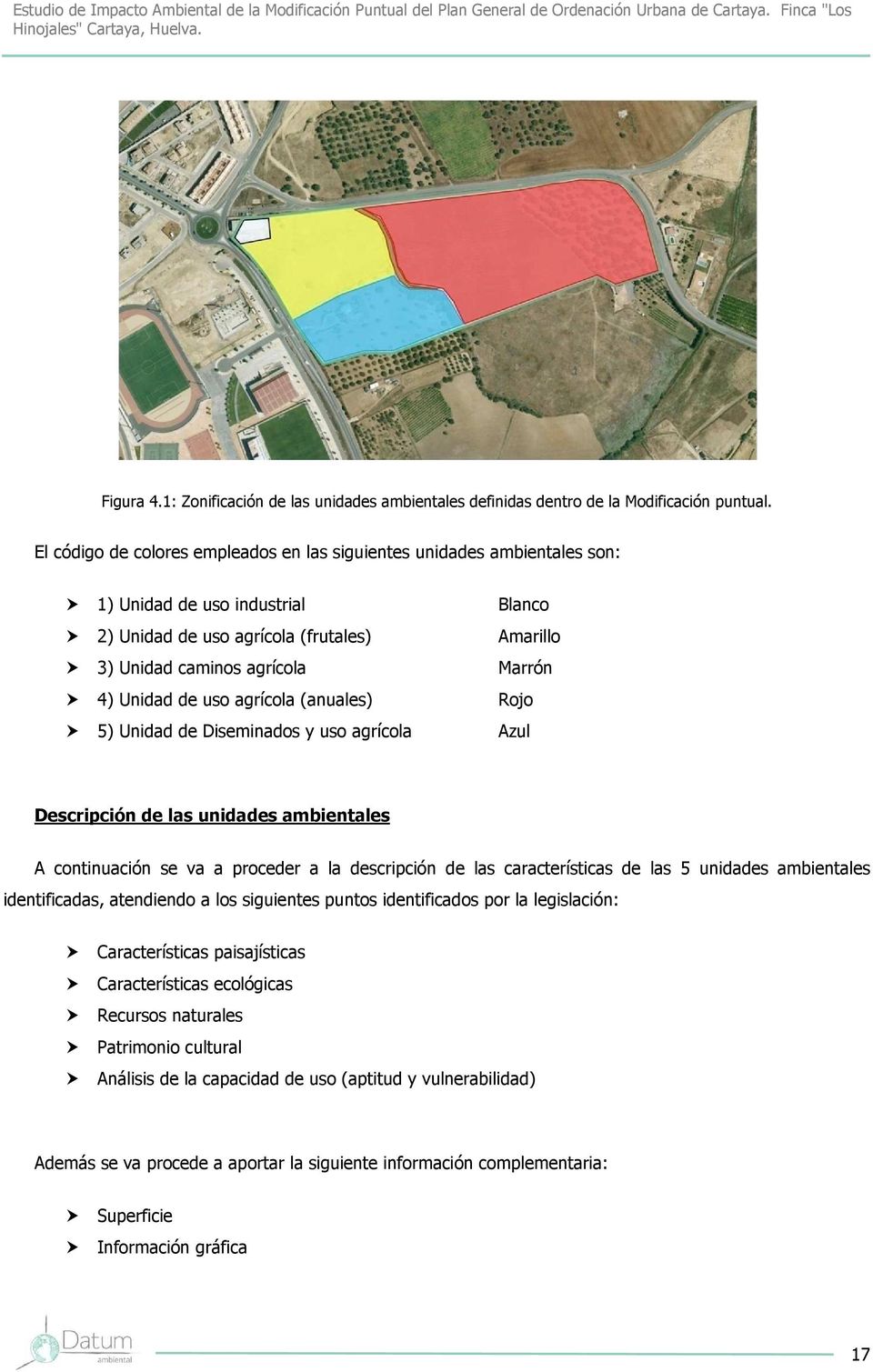 (anuales) 5) Unidad de Diseminados y uso agrícola Blanco Amarillo Marrón Rojo Azul Descripción de las unidades ambientales A continuación se va a proceder a la descripción de las características de
