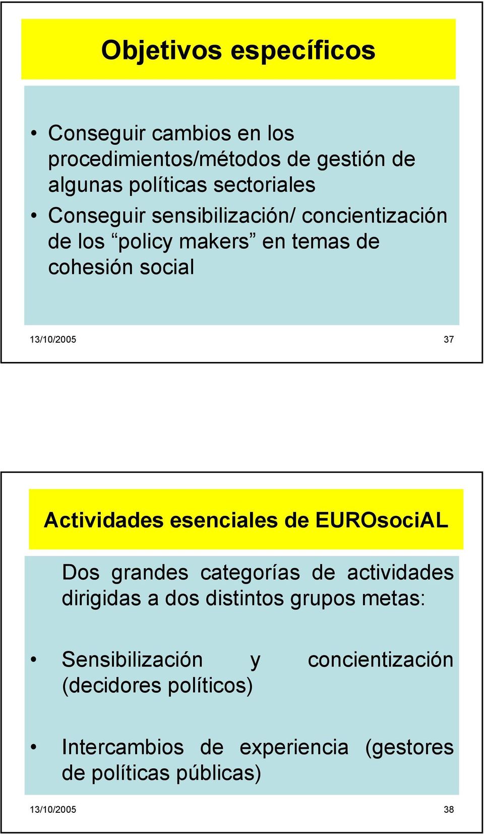 Actividades esenciales de EUROsociAL Dos grandes categorías de actividades dirigidas a dos distintos grupos metas: