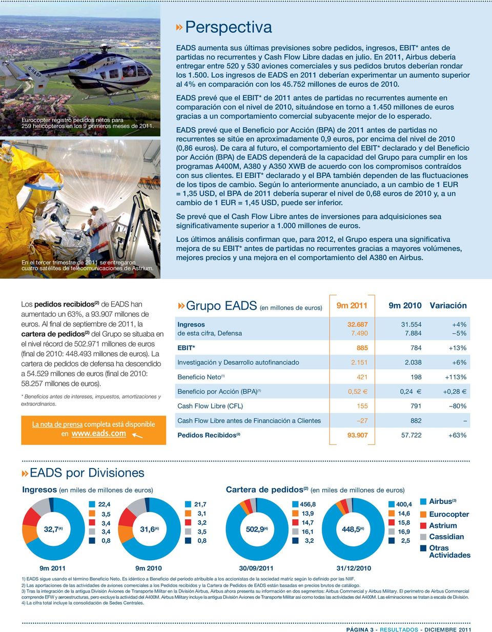 Los ingresos de EADS en 2011 deberían experimentar un aumento superior al 4% en comparación con los 45.752 millones de euros de 2010.