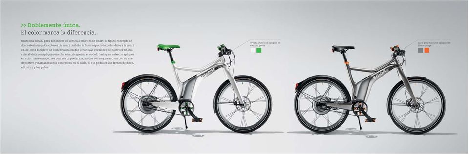 Esta bicicleta se comercializa en dos atractivas versiones de color: el modelo cristal white con apliques en color electric green y el modelo dark grey mate con apliques en