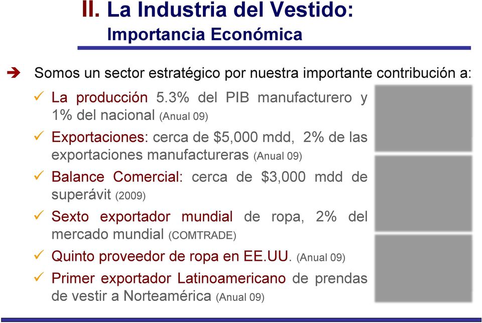 3% del PIB manufacturero y 1% del nacional (Anual 09) Exportaciones: cerca de $5,000 mdd, 2% de las exportaciones manufactureras (Anual