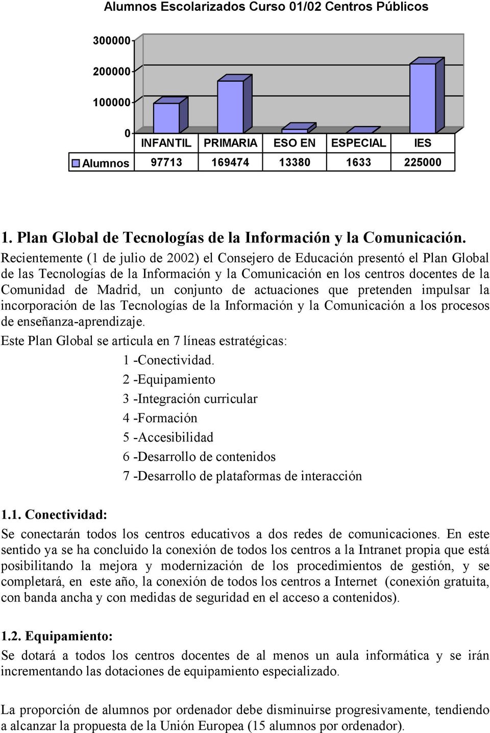 Recientemente (1 de julio de 2002) el Consejero de Educación presentó el Plan Global de las Tecnologías de la Información y la Comunicación en los centros docentes de la Comunidad de Madrid, un