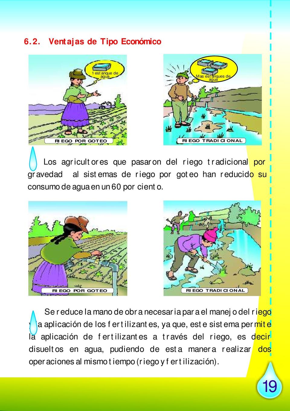 RIEGO POR GOTEO RIEGO TRADICIONAL Se reduce la mano de obra necesaria para el manejo del riego y la aplicación de los fertilizantes, ya que, este