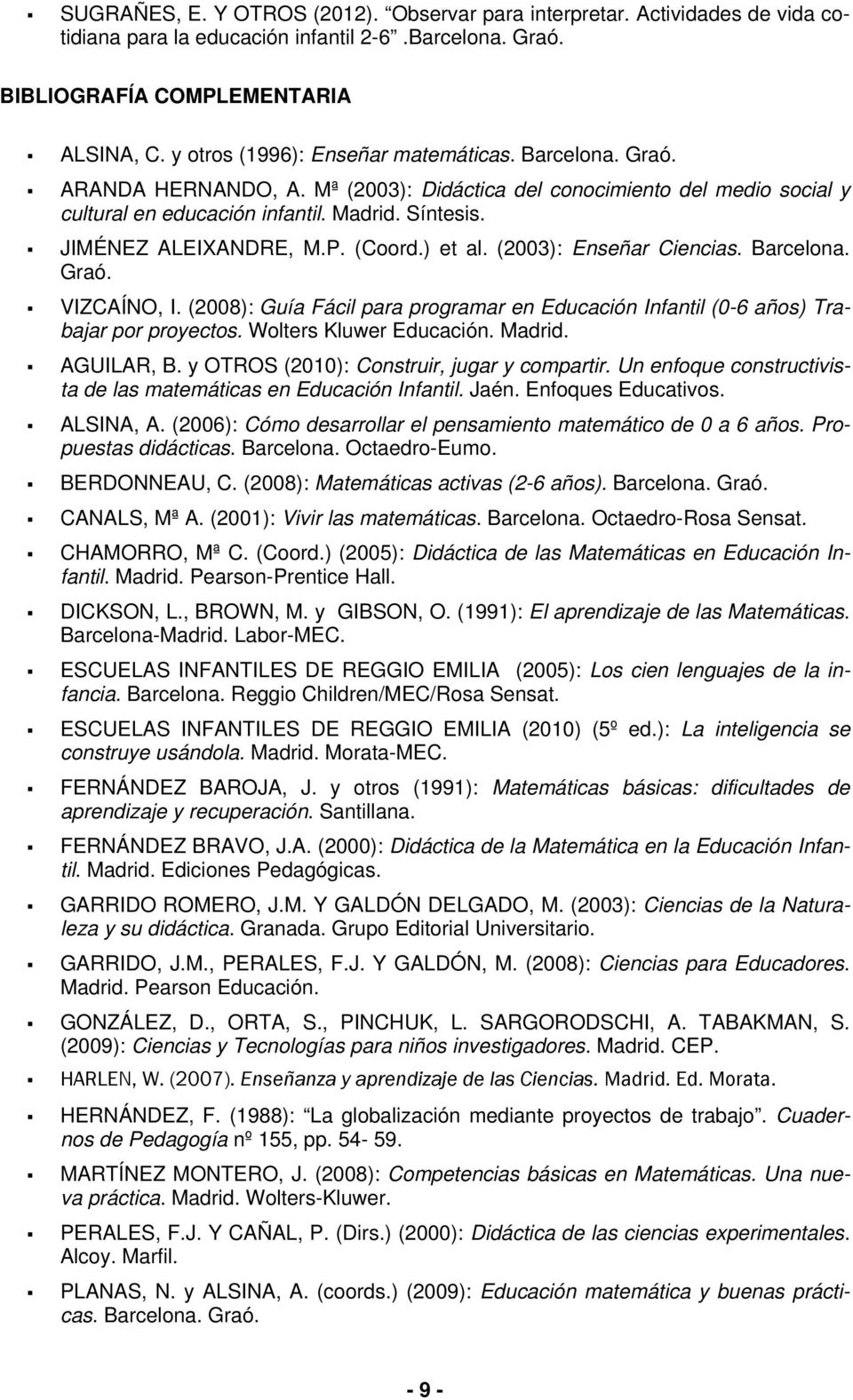 JIMÉNEZ ALEIXANDRE, M.P. (Coord.) et al. (2003): Enseñar Ciencias. Barcelona. Graó. VIZCAÍNO, I. (2008): Guía Fácil para programar en Educación Infantil (0-6 años) Trabajar por proyectos.