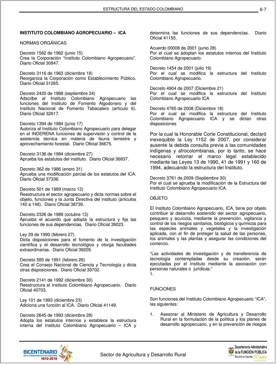 Decreto 2420 de 1968 (septiembre 24) Adscribe al Instituto Colombiano Agropecuario las funciones del Instituto de Fomento Algodonero y del Instituto Nacional de Fomento Tabacalero (artículo 6).