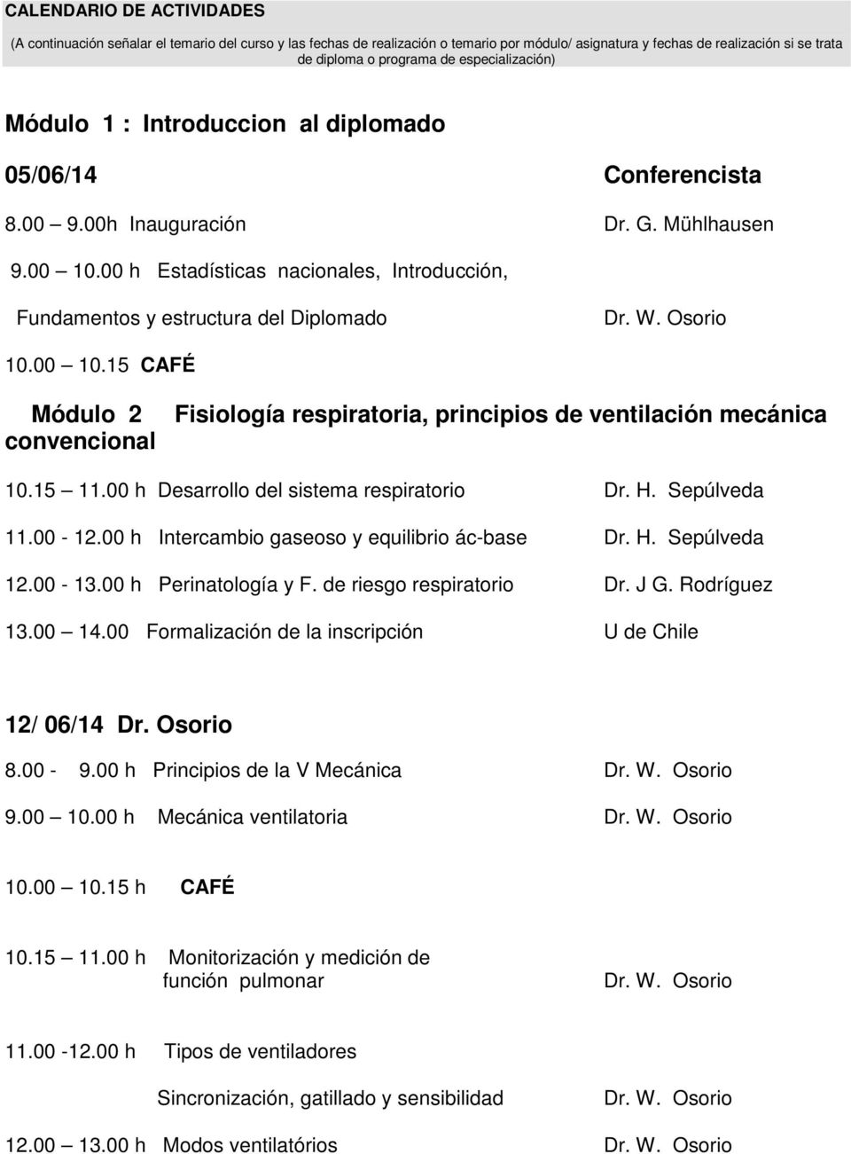 00 h Estadísticas nacionales, Introducción, Fundamentos y estructura del Diplomado Dr. W. Osorio 10.00 10.15 CAFÉ Módulo 2 convencional Fisiología respiratoria, principios de ventilación mecánica 10.