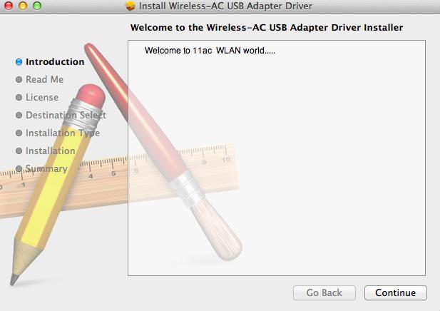 Abra la carpeta Wlan_11ac_USB_MacOS10 para ver su versión de Mac OS X (10.4-10.9) y haga doble clic en el archivo Installer.pkg para abrir el asistente de instalación del controlador. 2.
