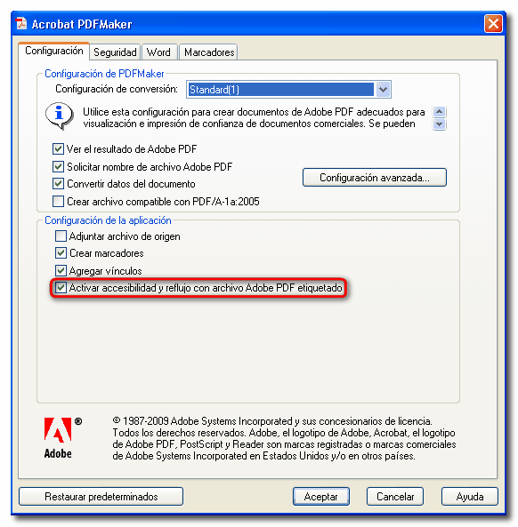 4.2.7.1. Microsoft Word 2003 1. En la opción de menú Adobe PDF de la barra de herramientas del editor de textos, seleccionar Cambiar configuración de conversión: Figura 23.