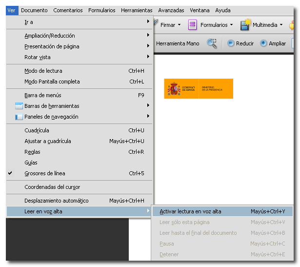 Si no se dispone de un lector de pantalla se puede utilizar el que Adobe incorpora en sus productos Acrobat desde la versión 6.0.
