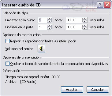 Después selecciona Reproducir pista de audio de Cd... Te mostrará la siguiente ventana: Indícale desde qué pista hasta qué pista quieres reproducir y pulsa Aceptar.