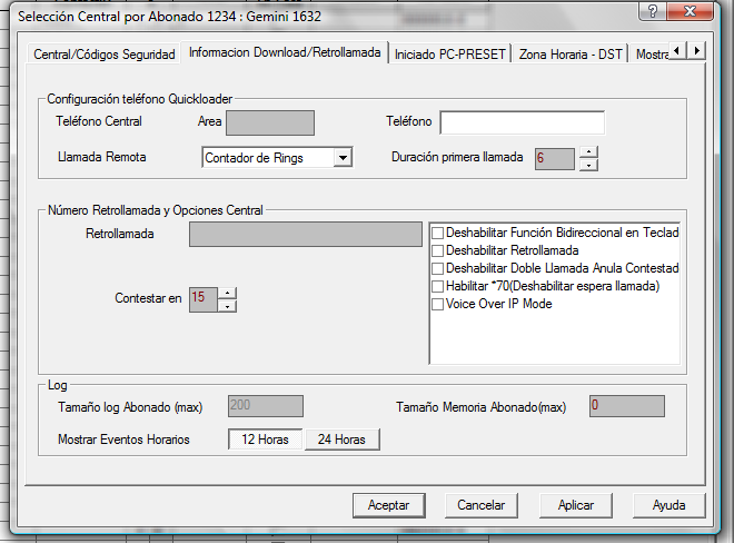 8. Bidireccional a través de GPRS en centrales Napco Inicie la aplicación Quickloader for windows de Napco Configure el módem en Fichero\Ajustes de módem, como muestra la figura.