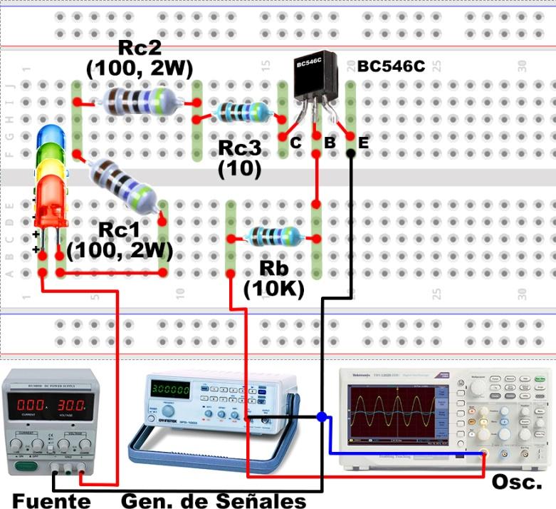 Fig. 3: Circuito y esquema de conexionado en protoboard para la llave digital con transistor. Tarea 3: Aplicación analógica, el transistor bipolar como amplificador de tensión.