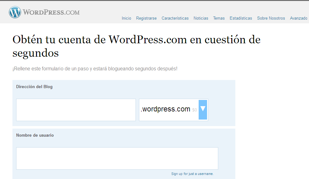 4.Com crear un usuari a WordPress.com Per crear un usuari a WordPress.com, hem d accedir a la web mitjançant l enllaç http://wordpress.