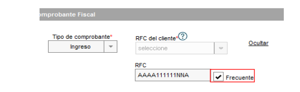 Generar Factura El sistema de Registro Fiscal Mis cuentas permite guardar el RFC de tus clientes frecuentes, para ello deberás seleccionar el recuadro Frecuente después de haber capturado el RFC del