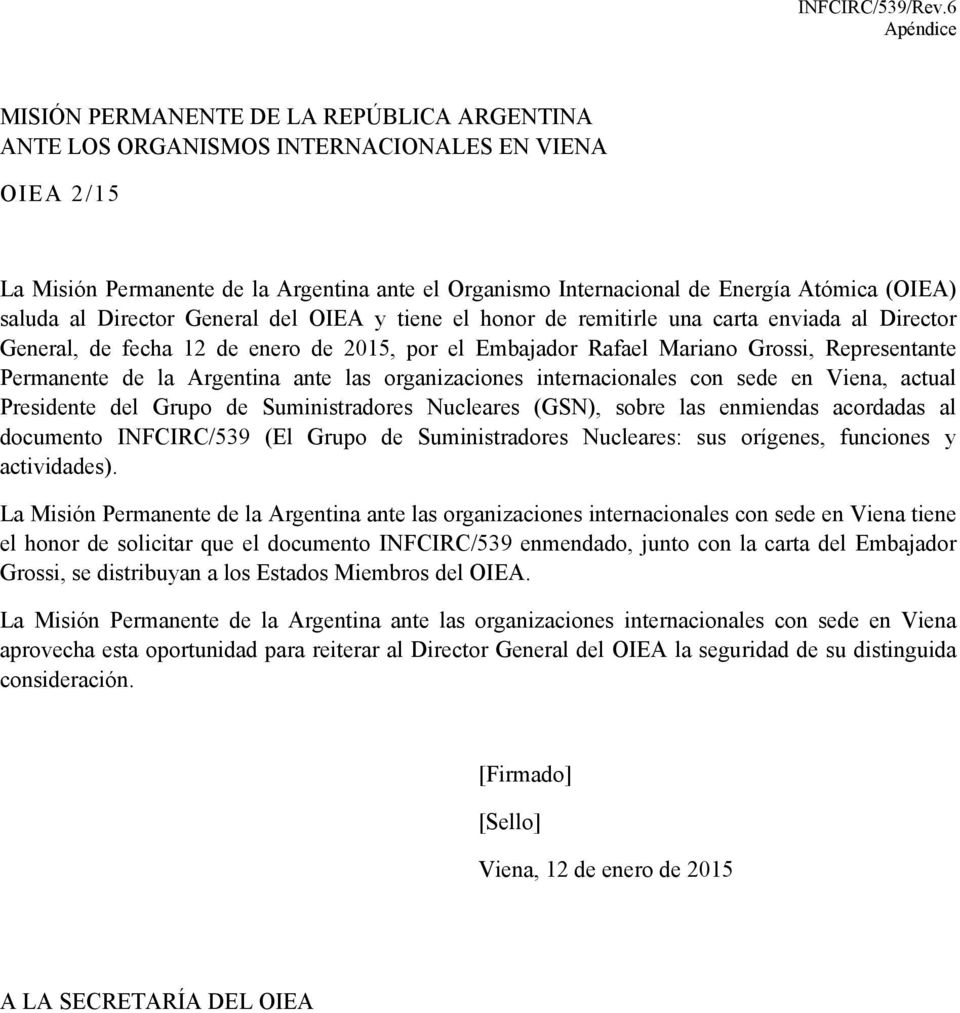 Permanente de la Argentina ante las organizaciones internacionales con sede en Viena, actual Presidente del Grupo de Suministradores Nucleares (GSN), sobre las enmiendas acordadas al documento