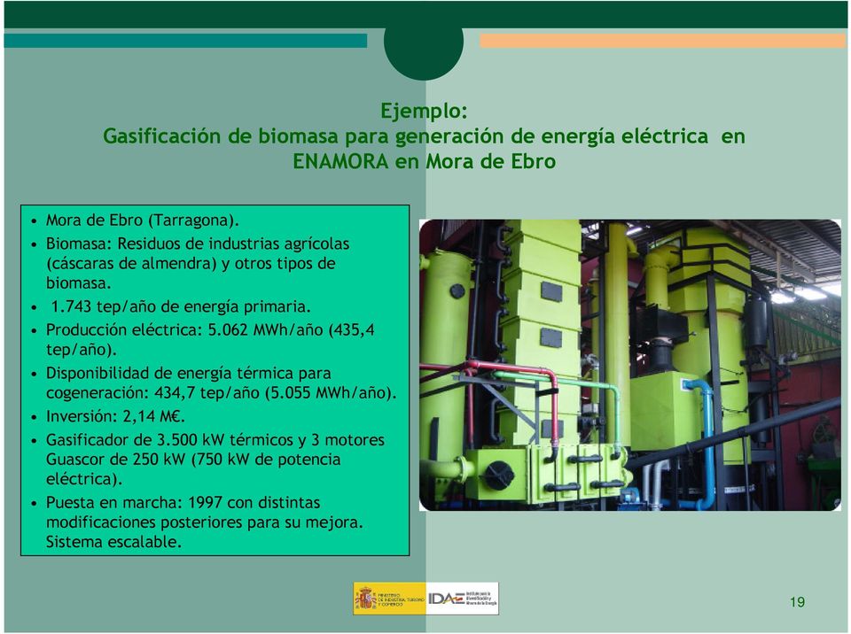 062 MWh/año (435,4 tep/año). Disponibilidad de energía térmica para cogeneración: 434,7 tep/año (5.055 MWh/año). Inversión: 2,14 M. Gasificador de 3.