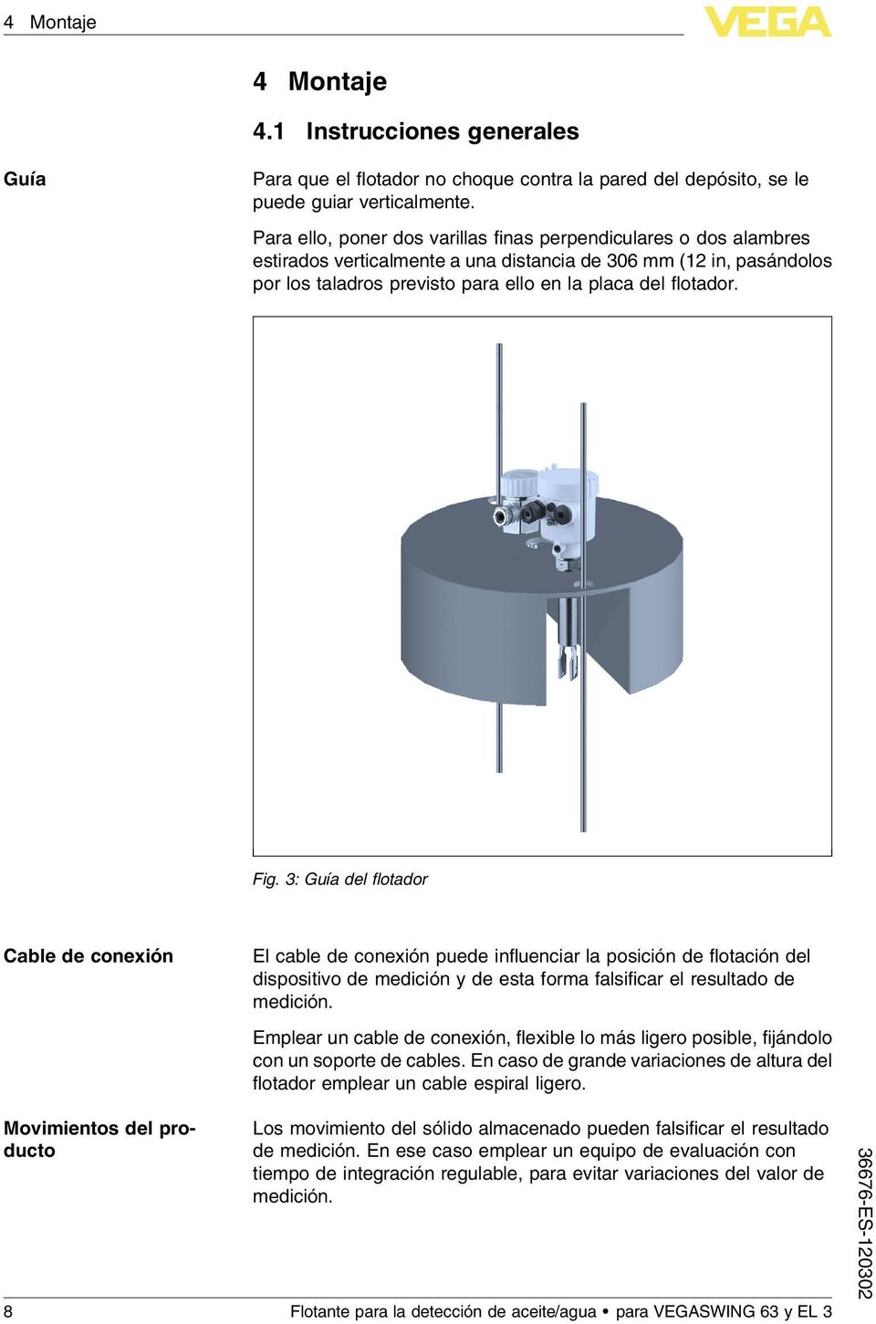 Fig. 3: Guía del flotador Cable de conexión El cable de conexión puede influenciar la posición de flotación del dispositivo de medición y de esta forma falsificar el resultado de medición.