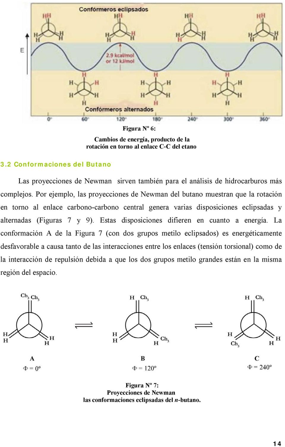 Por ejemplo, las proyecciones de Newman del butano muestran que la rotación en torno al enlace carbono-carbono central genera varias disposiciones eclipsadas y alternadas (Figuras 7 y 9).