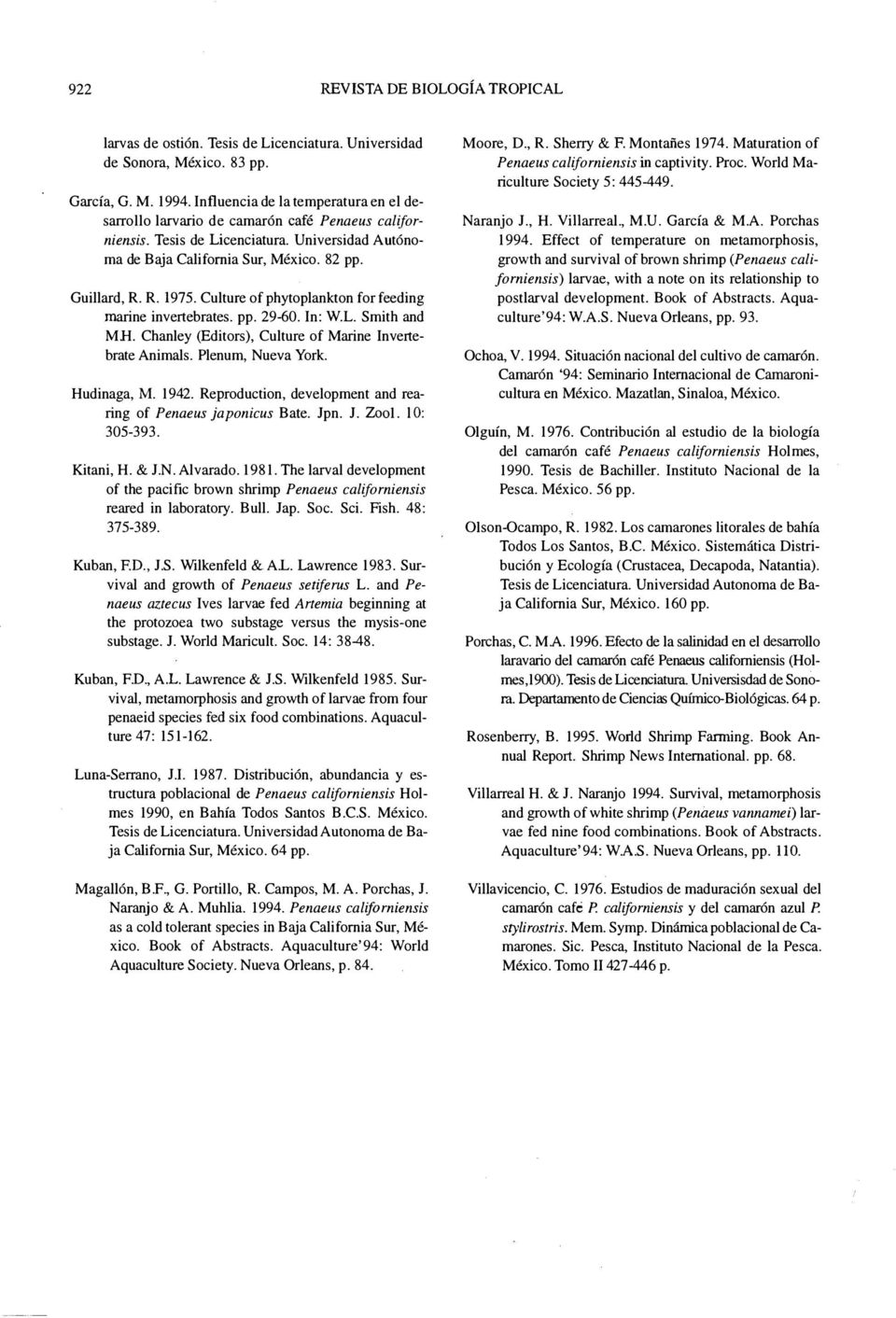 Culture of phytoplankton for feeding marine invertebrates. pp. 29-60. In: W.L. Smith and M.H. Chanley (Editors), Culture of Marine Invertebrate Animals. Plenum, Nueva York. '\ Hudinaga, M. 1942.