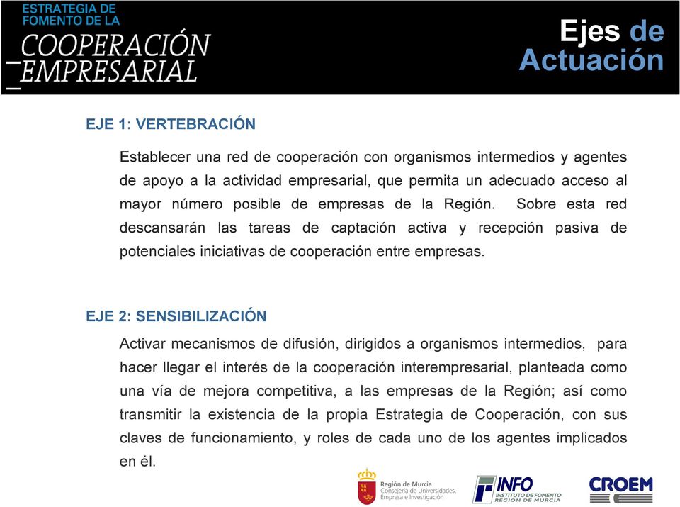 EJE 2: SENSIBILIZACIÓN Activar mecanismos de difusión, dirigidos a organismos intermedios, para hacer llegar el interés de la cooperación interempresarial, planteada como una vía de