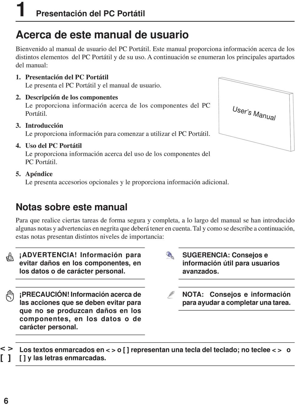 Presentación del PC Portátil Le presenta el PC Portátil y el manual de usuario. 2. Descripción de los componentes Le proporciona información acerca de los componentes del PC Portátil. 3.