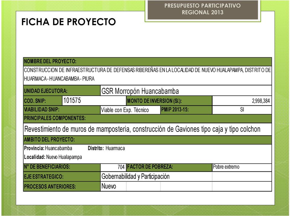 Técnico PMIP 2013-15: SI Provincia: Huancabamba Distrito: Huarmaca Localidad: Nuevo Hualapampa N DE BENEFICIARIOS: 704 FACTOR DE