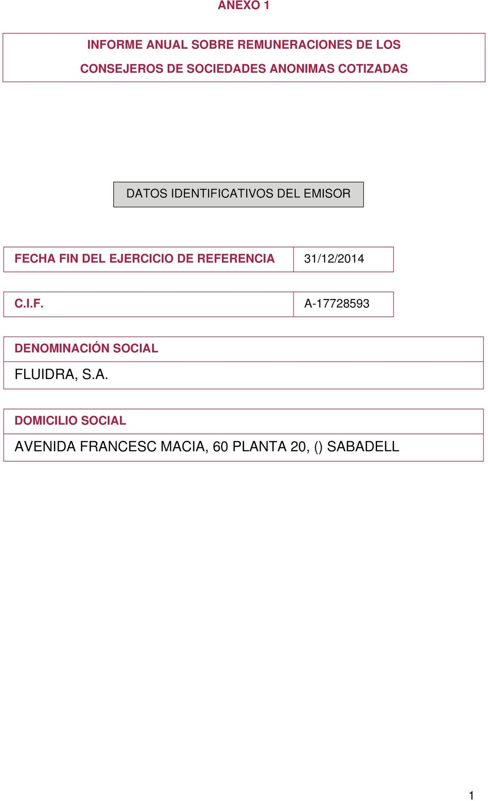 DEL EJERCICIO DE REFERENCIA 31/12/2014 C.I.F. A-17728593 DENOMINACIÓN SOCIAL FLUIDRA, S.