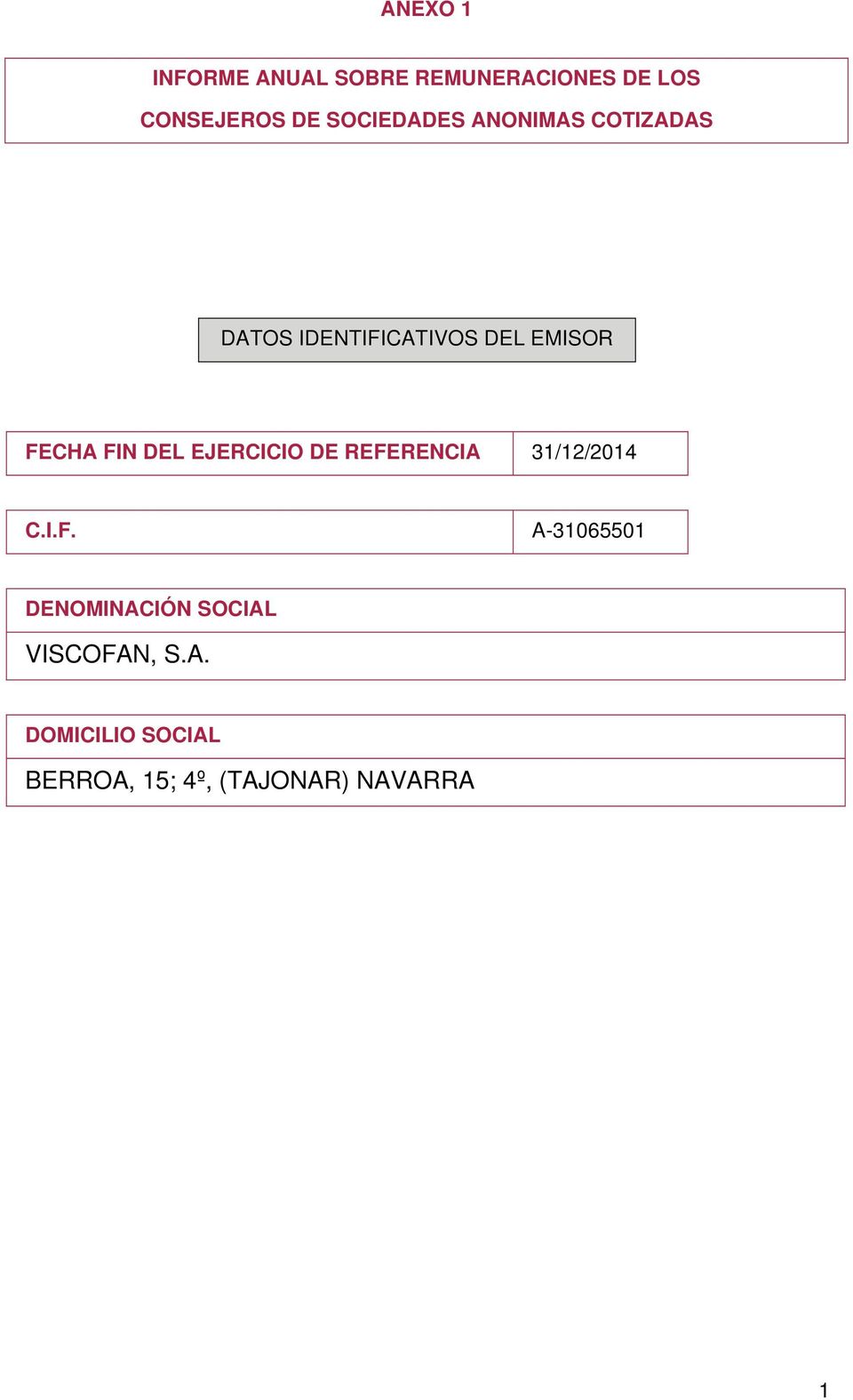 FIN DEL EJERCICIO DE REFERENCIA 31/12/2014 C.I.F. A-31065501 DENOMINACIÓN SOCIAL VISCOFAN, S.