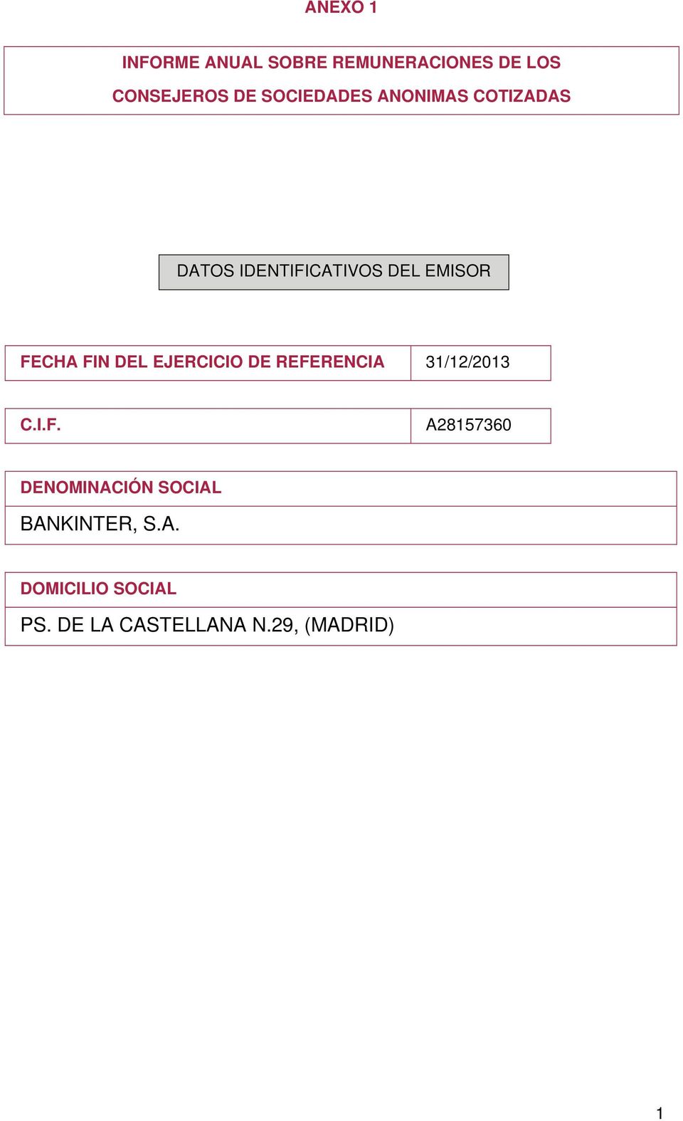 FIN DEL EJERCICIO DE REFERENCIA 31/12/2013 C.I.F. A28157360 DENOMINACIÓN SOCIAL BANKINTER, S.