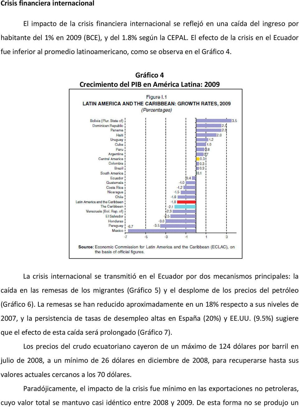 Gráfico 4 Crecimiento del PIB en América Latina: 2009 La crisis internacional se transmitió en el Ecuador por dos mecanismos principales: la caída en las remesas de los migrantes (Gráfico 5) y el