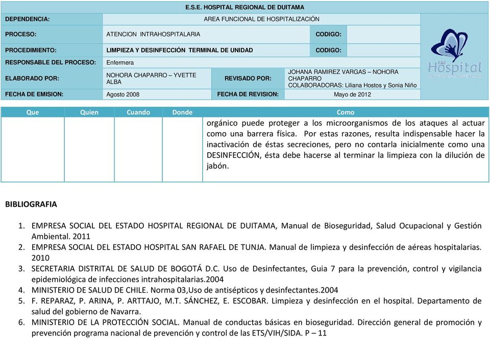 jabón. BIBLIOGRAFIA 1. EMPRESA SOCIAL DEL ESTADO HOSPITAL REGIONAL DE DUITAMA, Manual de Bioseguridad, Salud Ocupacional y Gestión Ambiental. 2011 2.