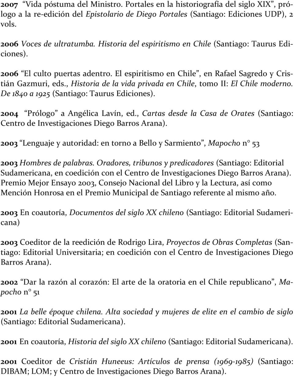 , Historia de la vida privada en Chile, tomo II: El Chile moderno. De 1840 a 1925 (Santiago: Taurus Ediciones). 2004 Prólogo a Angélica Lavín, ed.