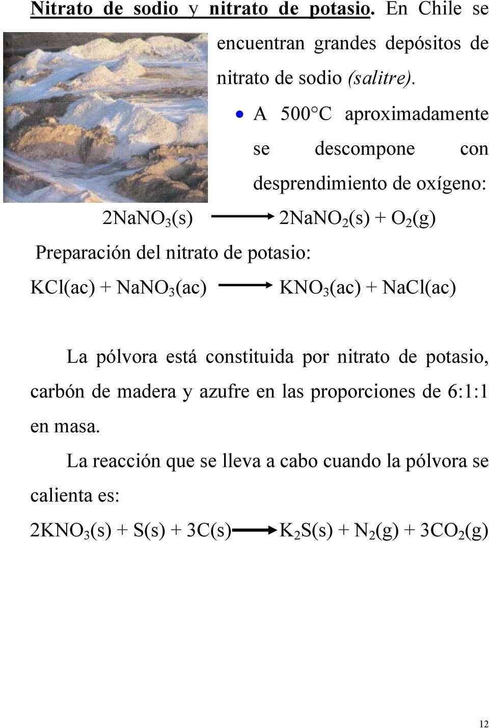 potasio: KCl(ac) + NaNO 3 (ac) KNO 3 (ac) + NaCl(ac) La pólvora está constituida por nitrato de potasio, carbón de madera y azufre en