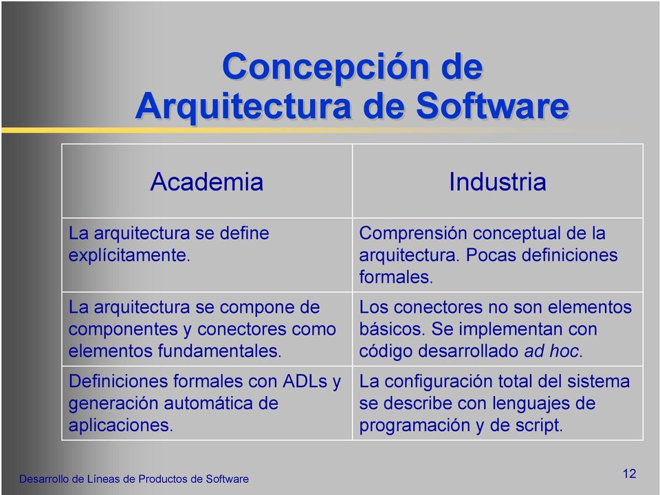 Definiciones formales con ADLs y generación automática de aplicaciones. Industria Comprensión conceptual de la arquitectura.
