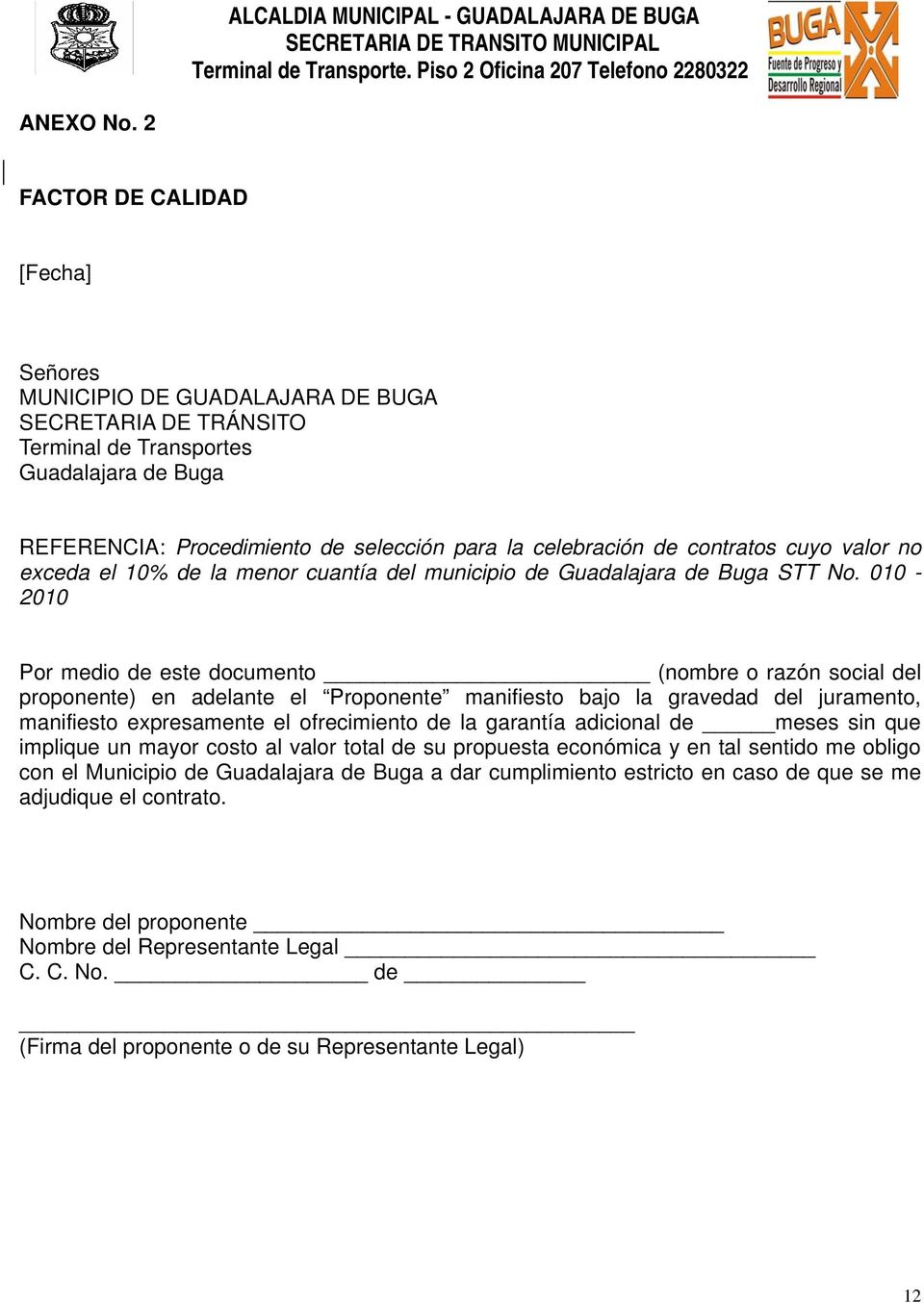contratos cuyo valor no exceda el 10% de la menor cuantía del municipio de Guadalajara de Buga STT No.