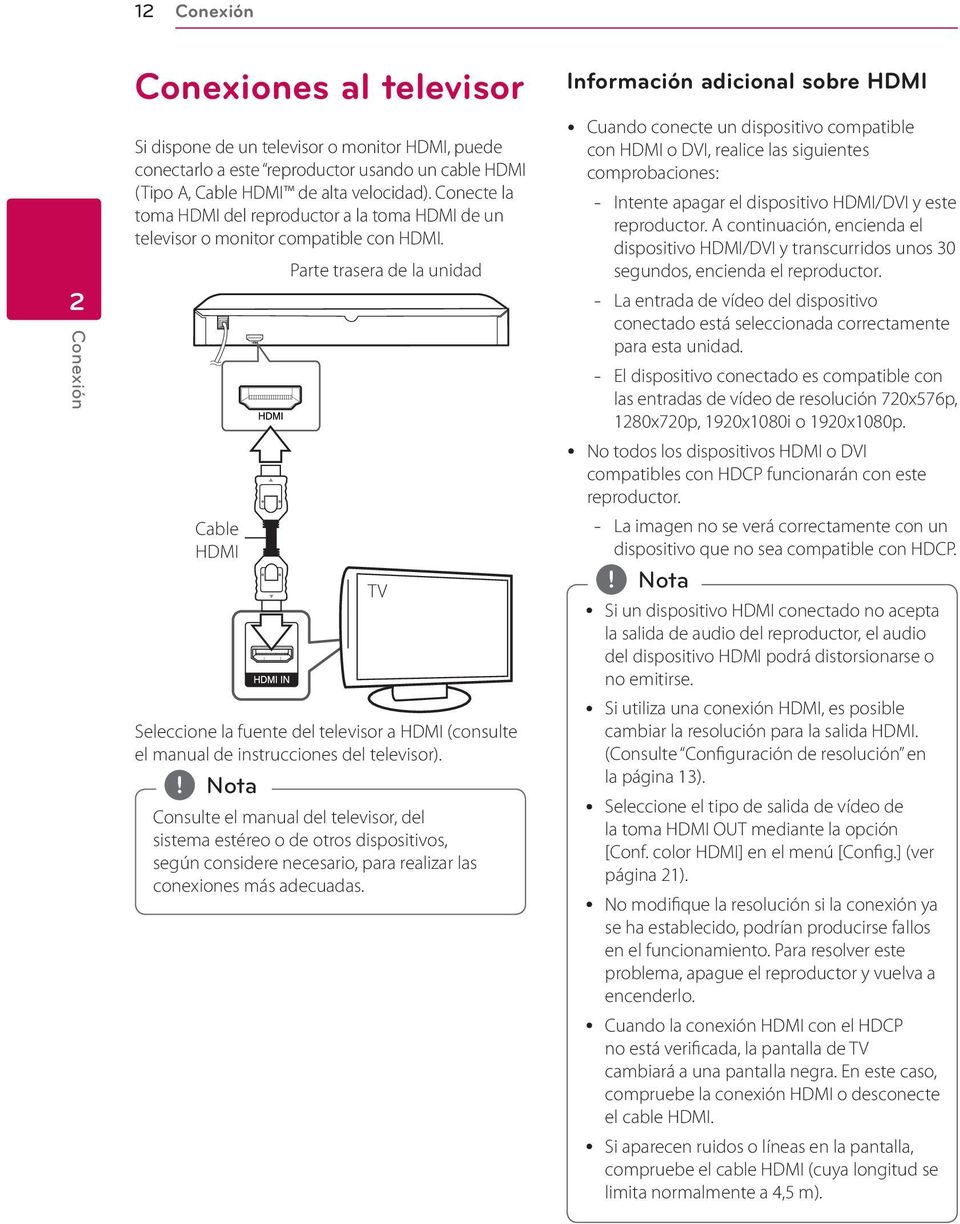 Cable HDMI Parte trasera de la unidad Seleccione la fuente del televisor a HDMI (consulte el manual de instrucciones del televisor).