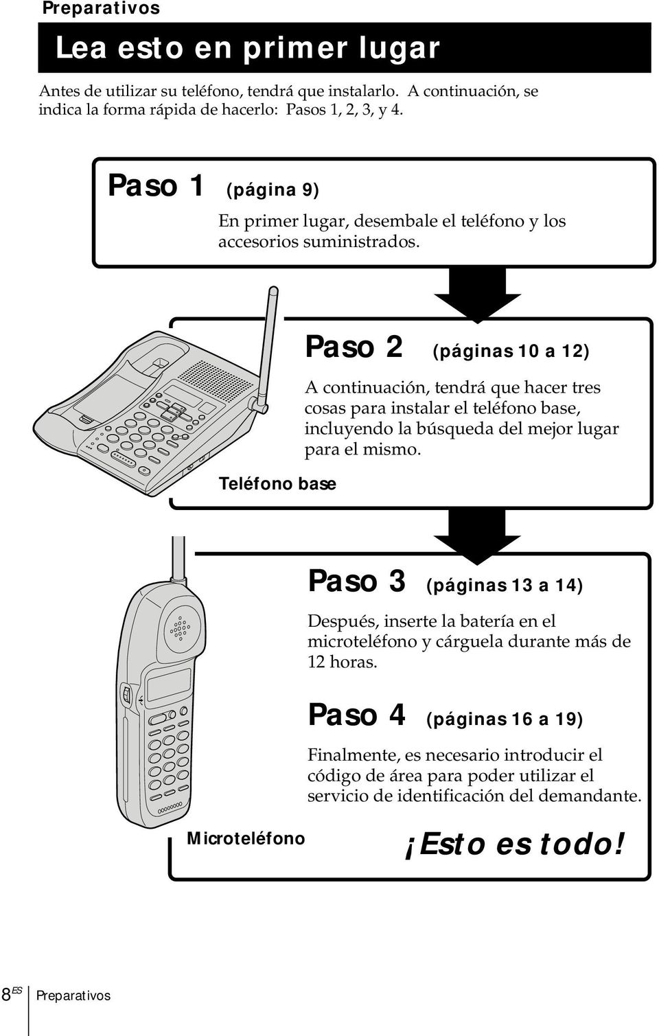 Teléfono base Paso 2 (páginas 10 a 12) A continuación, tendrá que hacer tres cosas para instalar el teléfono base, incluyendo la búsqueda del mejor lugar para el mismo.