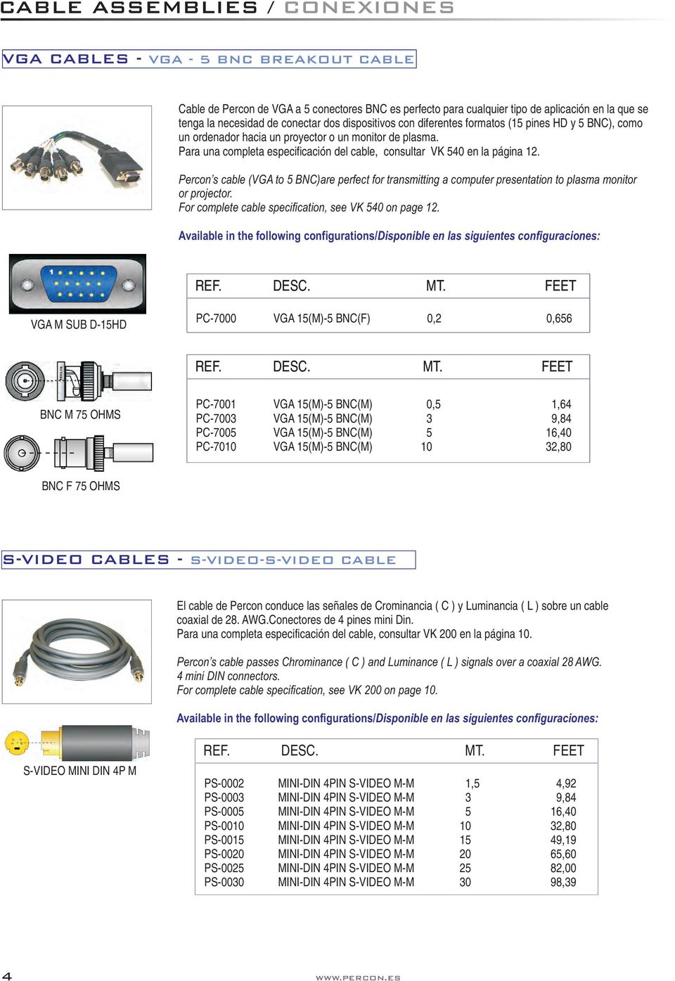 Para una completa especificación del cable, consultar VK 540 en la página 12. Percon s cable (VGA to 5 BNC)are perfect for transmitting a computer presentation to plasma monitor or projector.