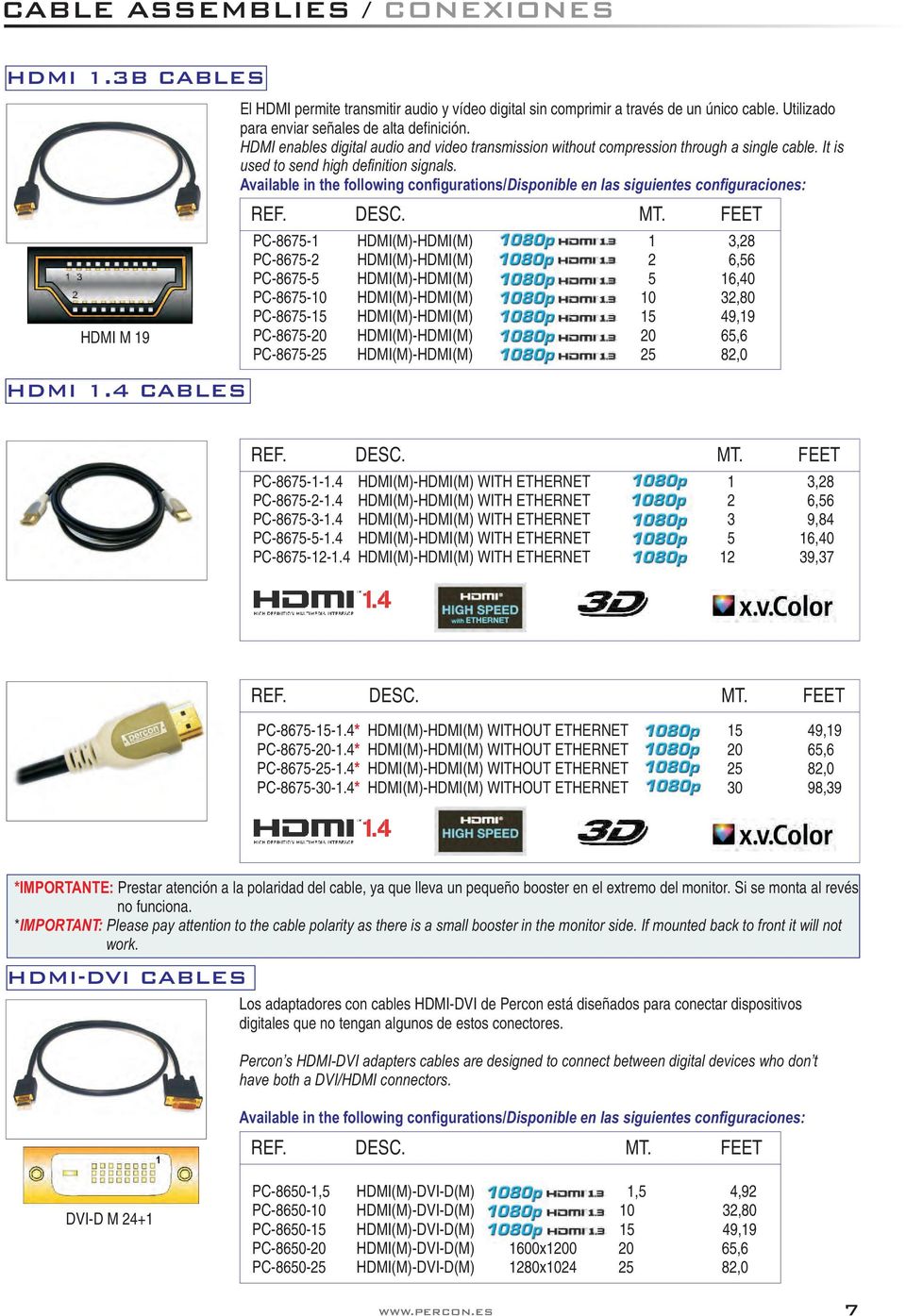 Available in the following configurations/disponible en las siguientes configuraciones: PC-8675-1 HDMI(M)-HDMI(M) 1 3,28 PC-8675-2 HDMI(M)-HDMI(M) 2 6,56 PC-8675-5 HDMI(M)-HDMI(M) 5 16,40 PC-8675-10