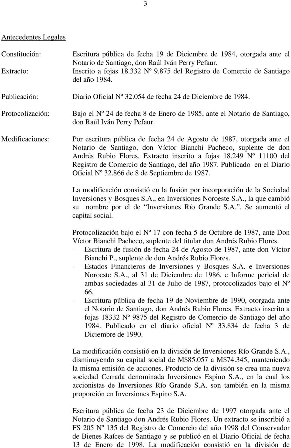 Protocolización: Modificaciones: Bajo el Nº 24 de fecha 8 de Enero de 1985, ante el Notario de Santiago, don Raúl Iván Perry Pefaur.
