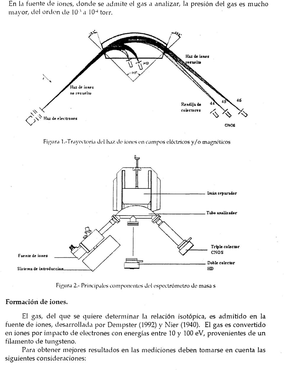 - Principales componentes del espectrómetro de masa s El gas, del que se quiere determinar la relación isotópica, es admitido en la fuente de iones, desarrollada por Dempster (1992) y Nier (1940).