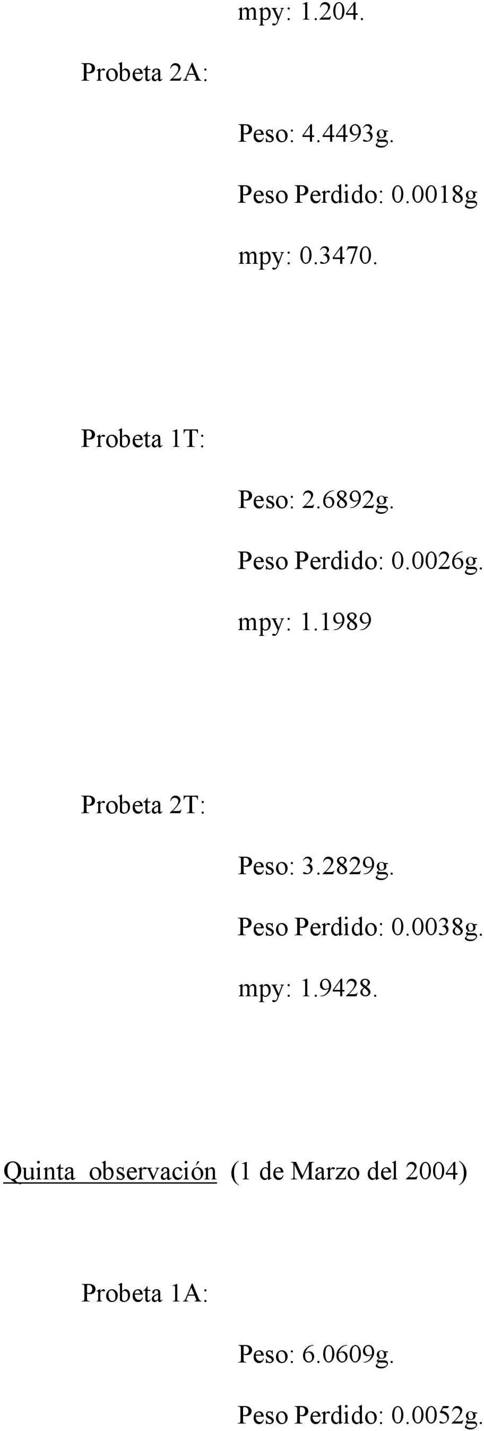 1989 Probeta 2T: Peso: 3.2829g. Peso Perdido: 0.0038g. mpy: 1.9428.