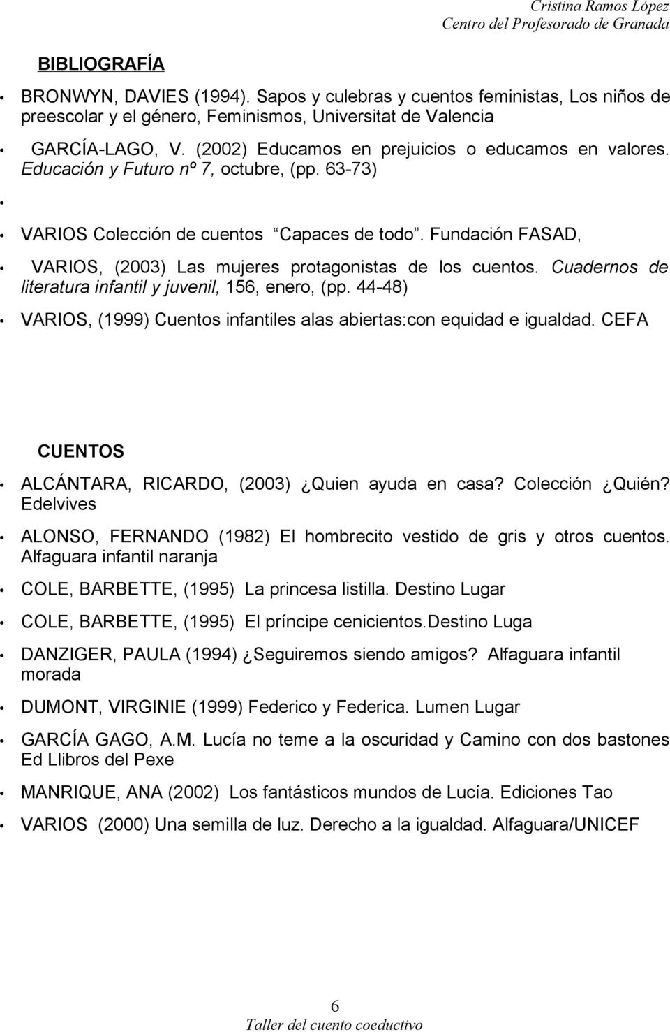 Fundación FASAD, VARIOS, (2003) Las mujeres protagonistas de los cuentos. Cuadernos de literatura infantil y juvenil, 156, enero, (pp.
