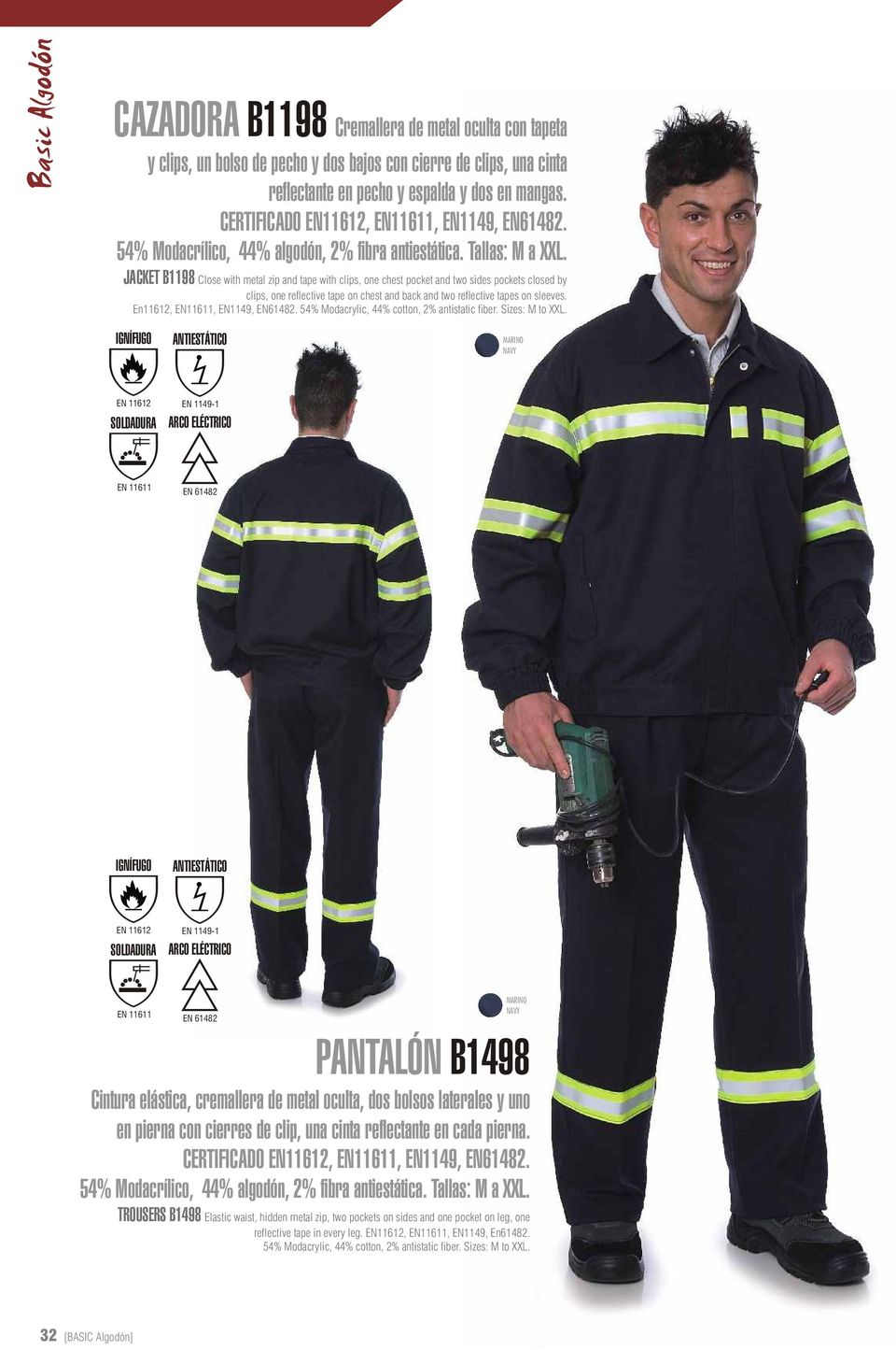 JACKET B1198 Close with metal zip and tape with clips, one chest pocket and two sides pockets closed by clips, one reflective tape on chest and back and two reflective tapes on sleeves.
