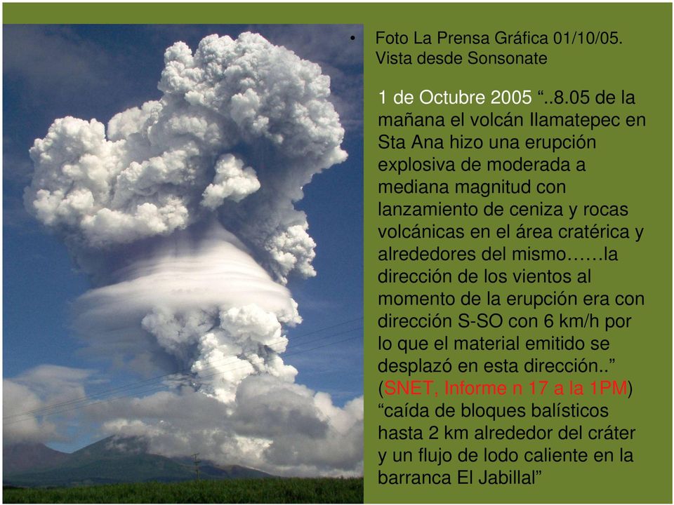 volcánicas en el área cratérica y alrededores del mismo la dirección de los vientos al momento de la erupción era con dirección S-SO con 6